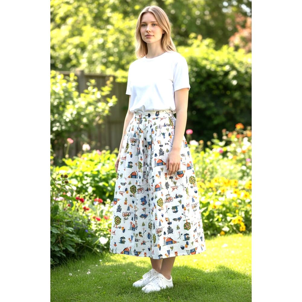 Cottage Core White Midi Skirt Cotton Farm Print Vintage Vibe Homemade? Sz XS